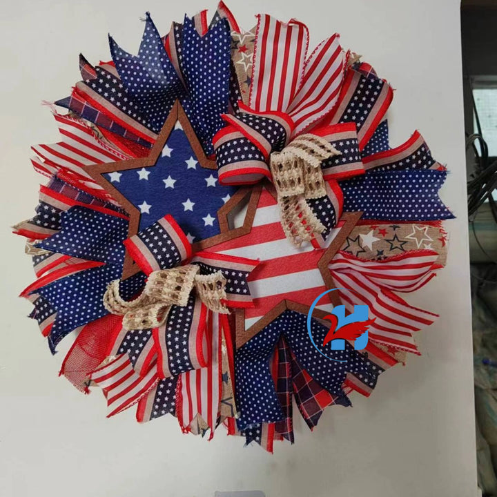 Unisex nan handcrafted patriotic star wreath with layered wooden stars, burlap ribbons and wired accents Bowlift