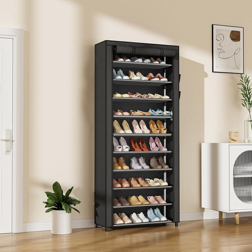 tall vertical shoe storage cabinet with roll-up protective cover and clear shelf panels Bowlift