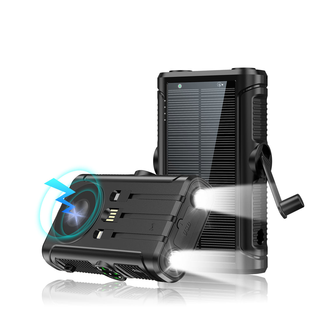 Portable solar battery with integrated hand crank charger Bowlift