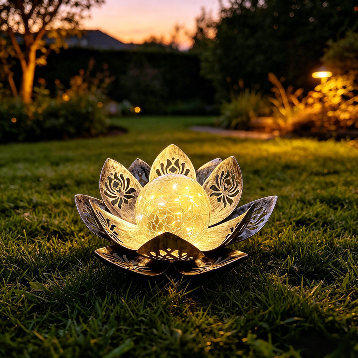 Decorative Solar Lotus LED Garden Lantern With Crackle Glass Globe And Laser-Cut Metal Petals Bowlift