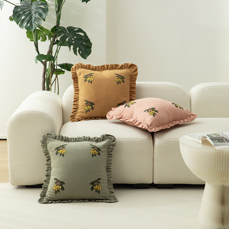 Square decorative cushion with frill edge and embroidered berry ornament made of cotton-linen Bowlift