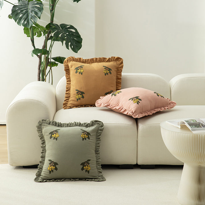 Square decorative cushion with frill edge and embroidered berry ornament made of cotton-linen Bowlift