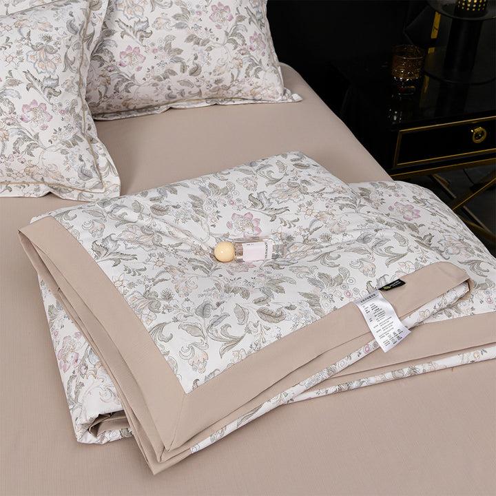 Floral Cotton Sateen Duvet Cover Set With Piped Border And Matching Pillow Shams