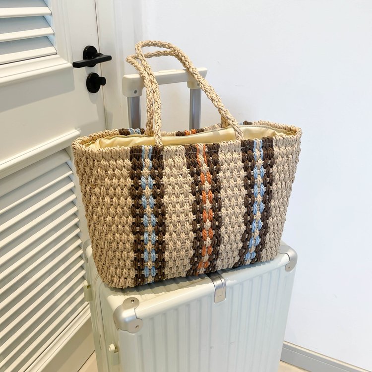 High-quality natural straw tote bag with colorful stripes Bowlift