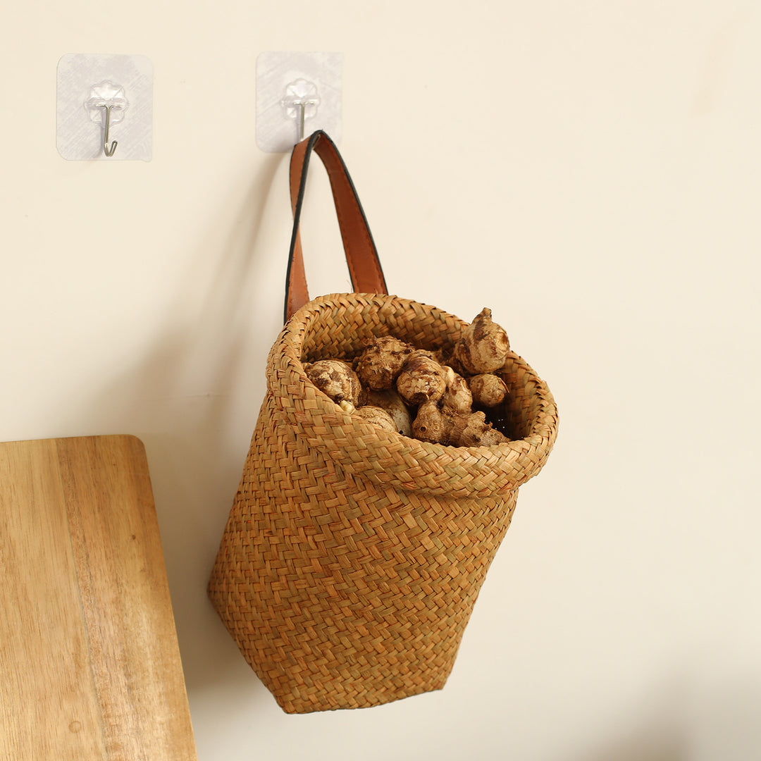 Handwoven Natural Storage Bin with Leather Trim Bowlift
