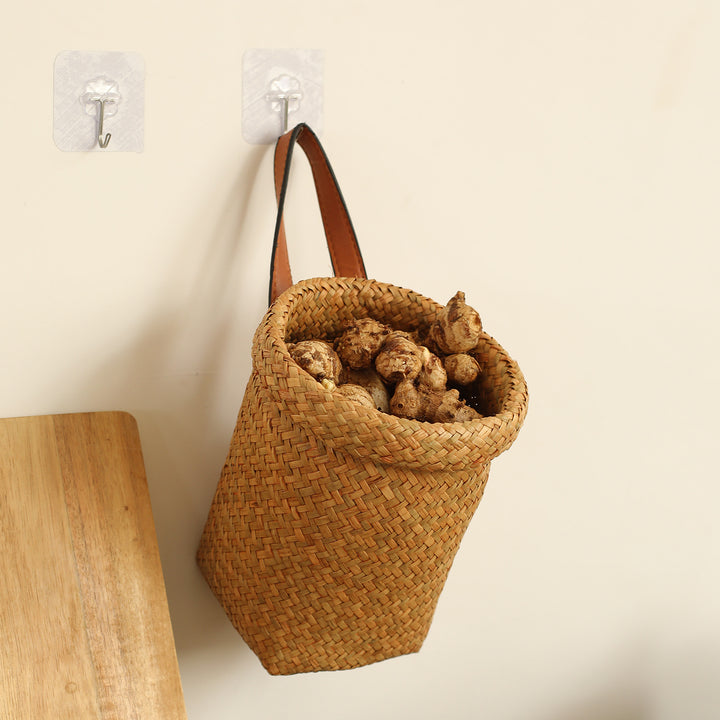 Handwoven Natural Storage Bin with Leather Trim Bowlift