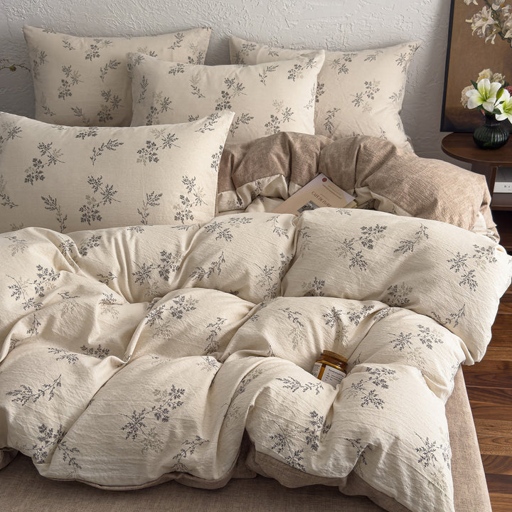 Floral Butterfly Duvet Cover Set With Brushed Cotton‑Blend Linen Texture And Corner Tie Pillowcase Ensemble