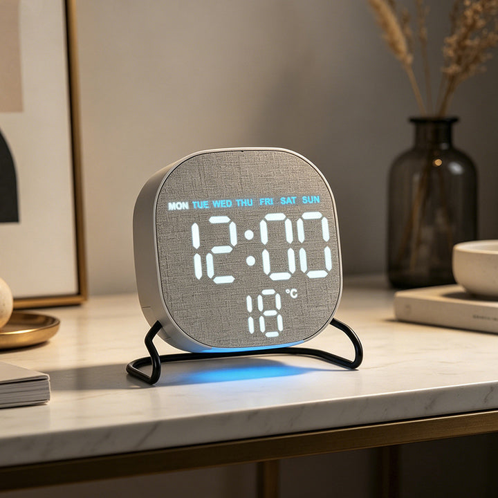 Minimalist Smart LED Alarm Clock with Fabric Front, Temperature Sensor and Weekday Display Bowlift