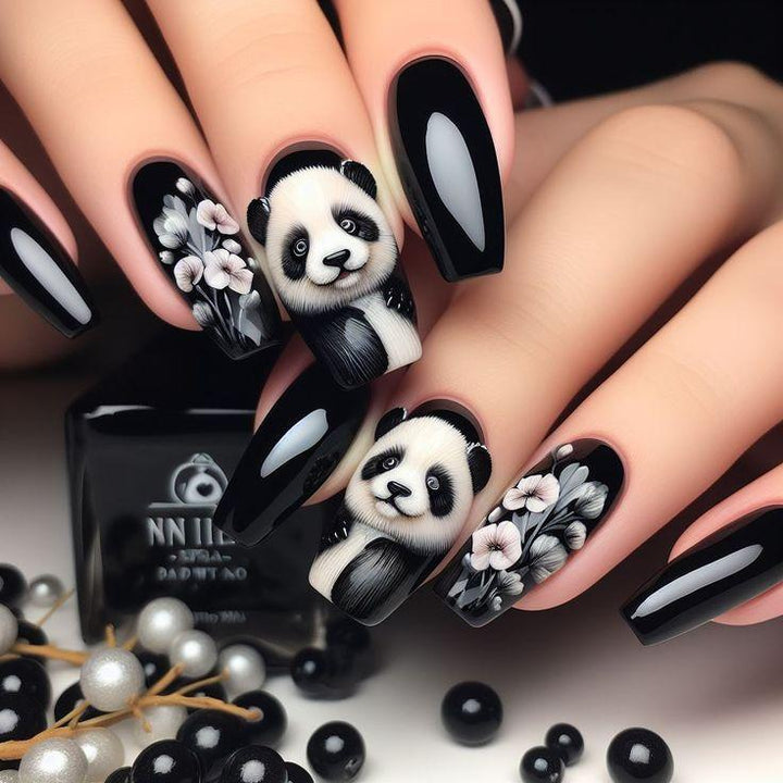 Artificial nails with playful panda and flower design Bowlift