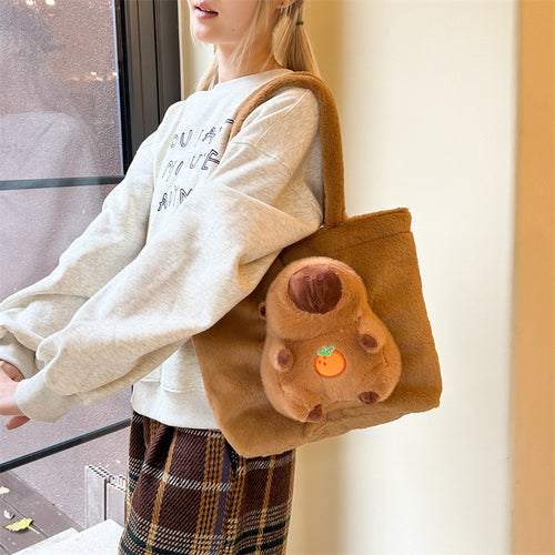 Plush Tote Bag with Large Interior Compartment and Cute Animal Design Bowlift