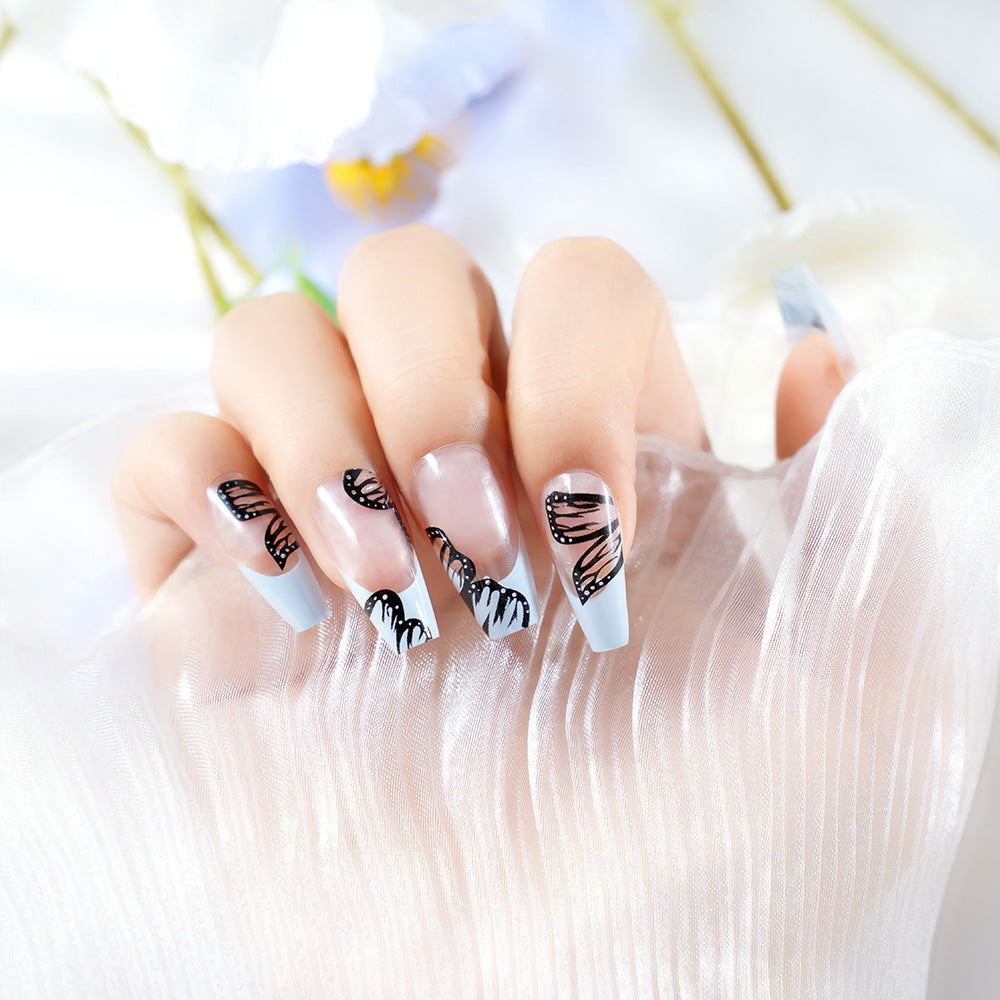 Artistic Long Coffin Press-On Nails with Butterfly Design Bowlift