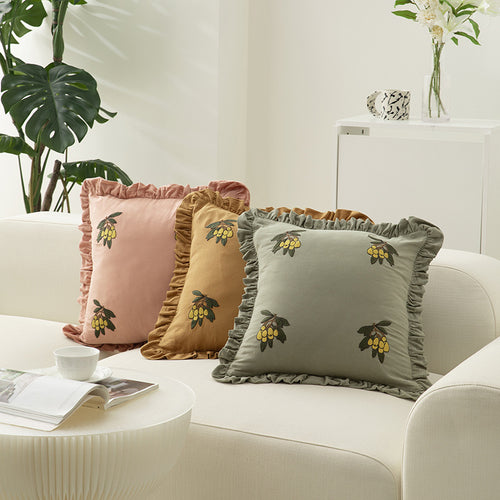 Square decorative cushion with frill edge and embroidered berry ornament made of cotton-linen Bowlift