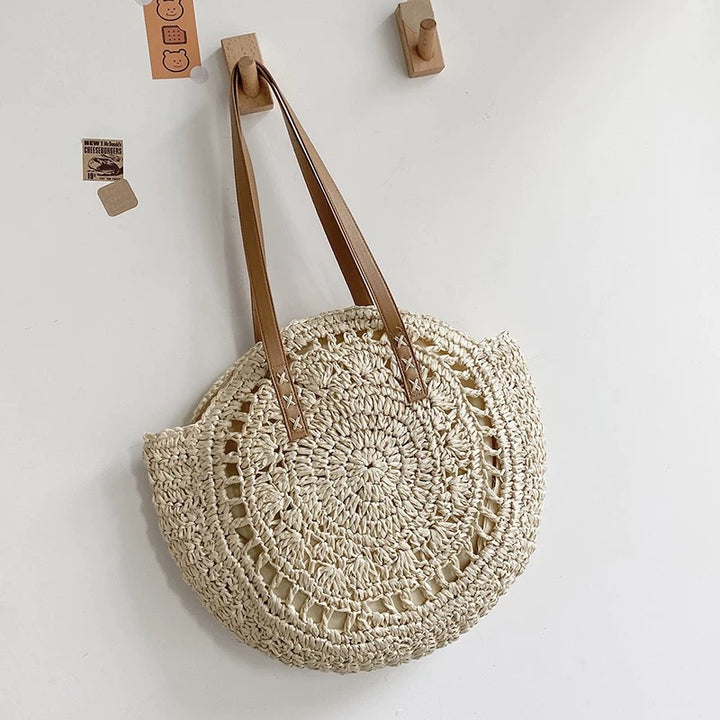 Round-woven beach bag with leather handles Bowlift