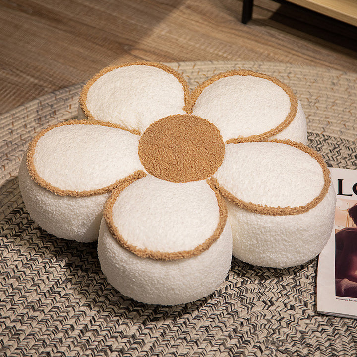 Padded seat cushion in flower shape with faux leather center piece and fluffy edge padding