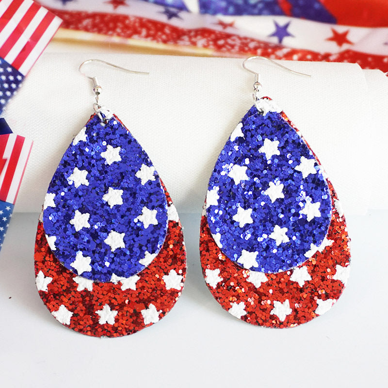 Women's patriotic drop earrings made of faux leather with glitter stars and the inscription Bowlift