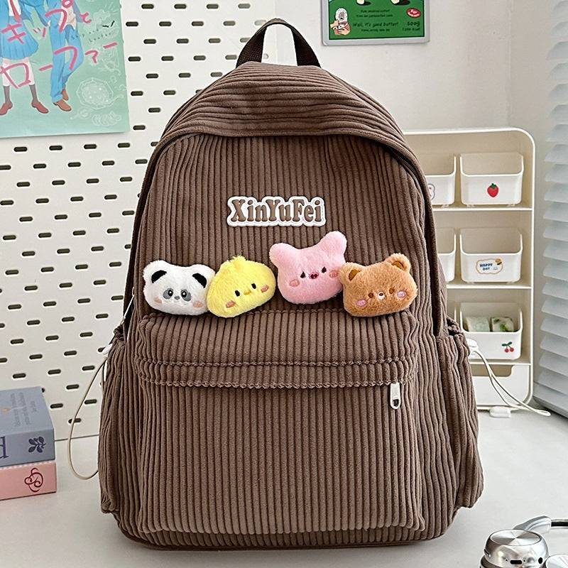 Corduroy Cat-Embellished School Backpack