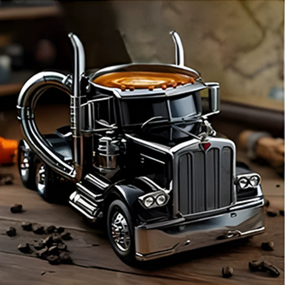 Novelty Ceramic 3D Semi Truck Coffee Mug With Sculpted Chrome Exhaust Handle