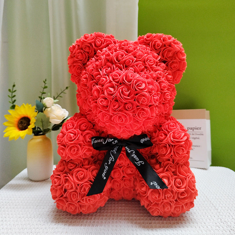 Foam Rose Teddy Bear Gift Sculpture With Satin Ribbon Bow