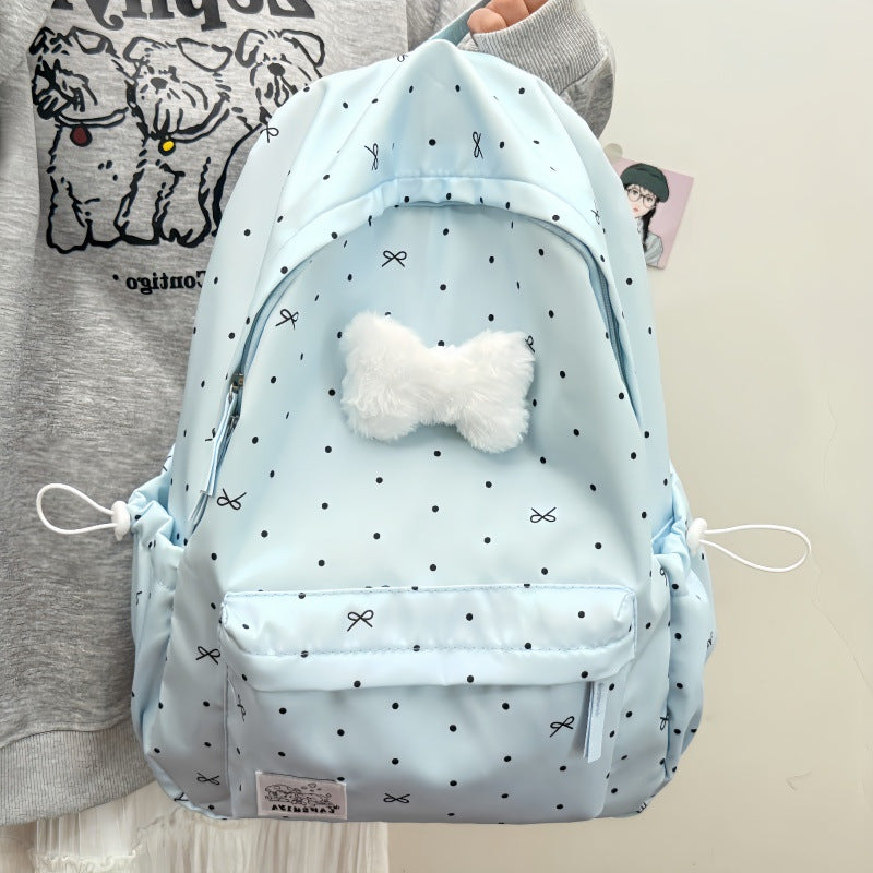 Cute Polka Dot Backpack with Plush Bow Bowlift