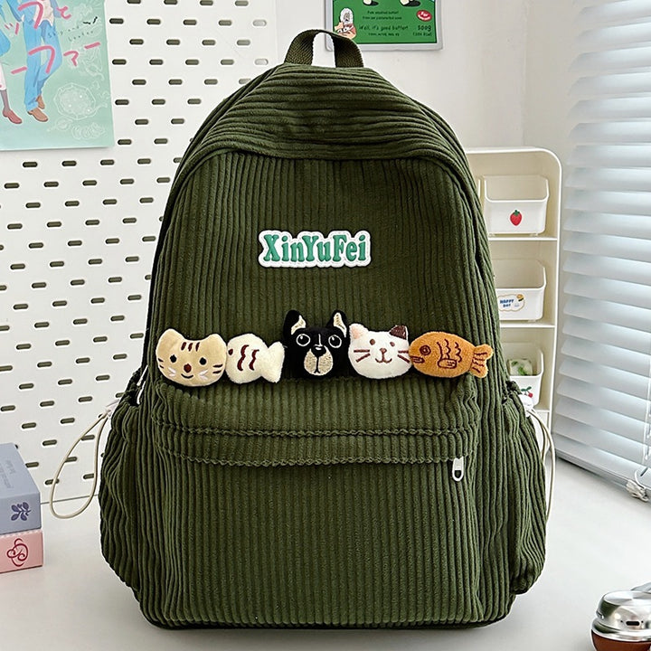 Corduroy Cat-Embellished School Backpack