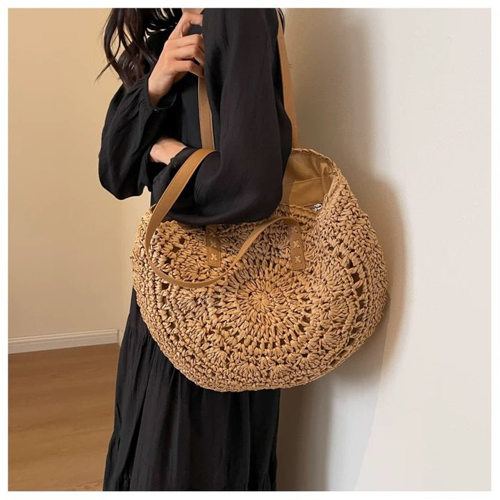 Round-woven beach bag with leather handles Bowlift
