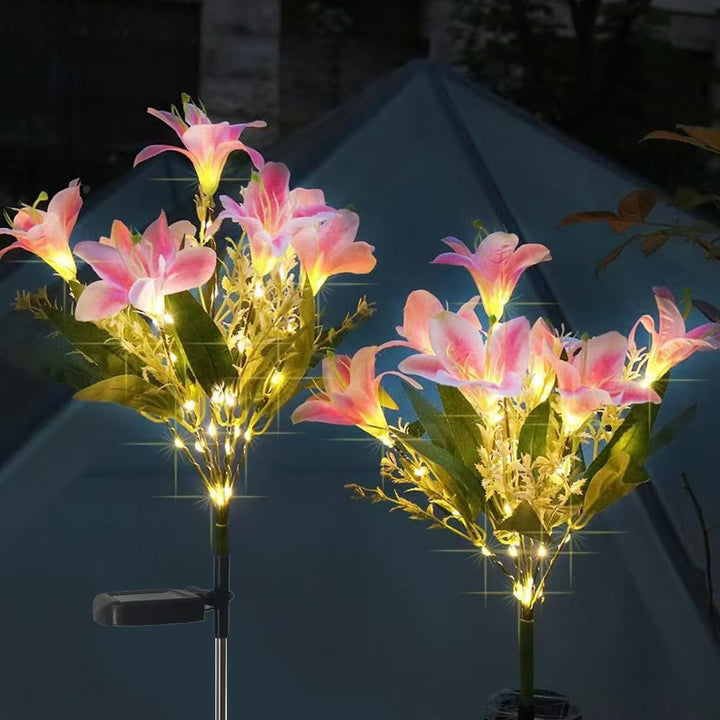 Solar LED Lily Garden Stake Light With Integrated Fairy String And Lifelike Silk Petals Bowlift