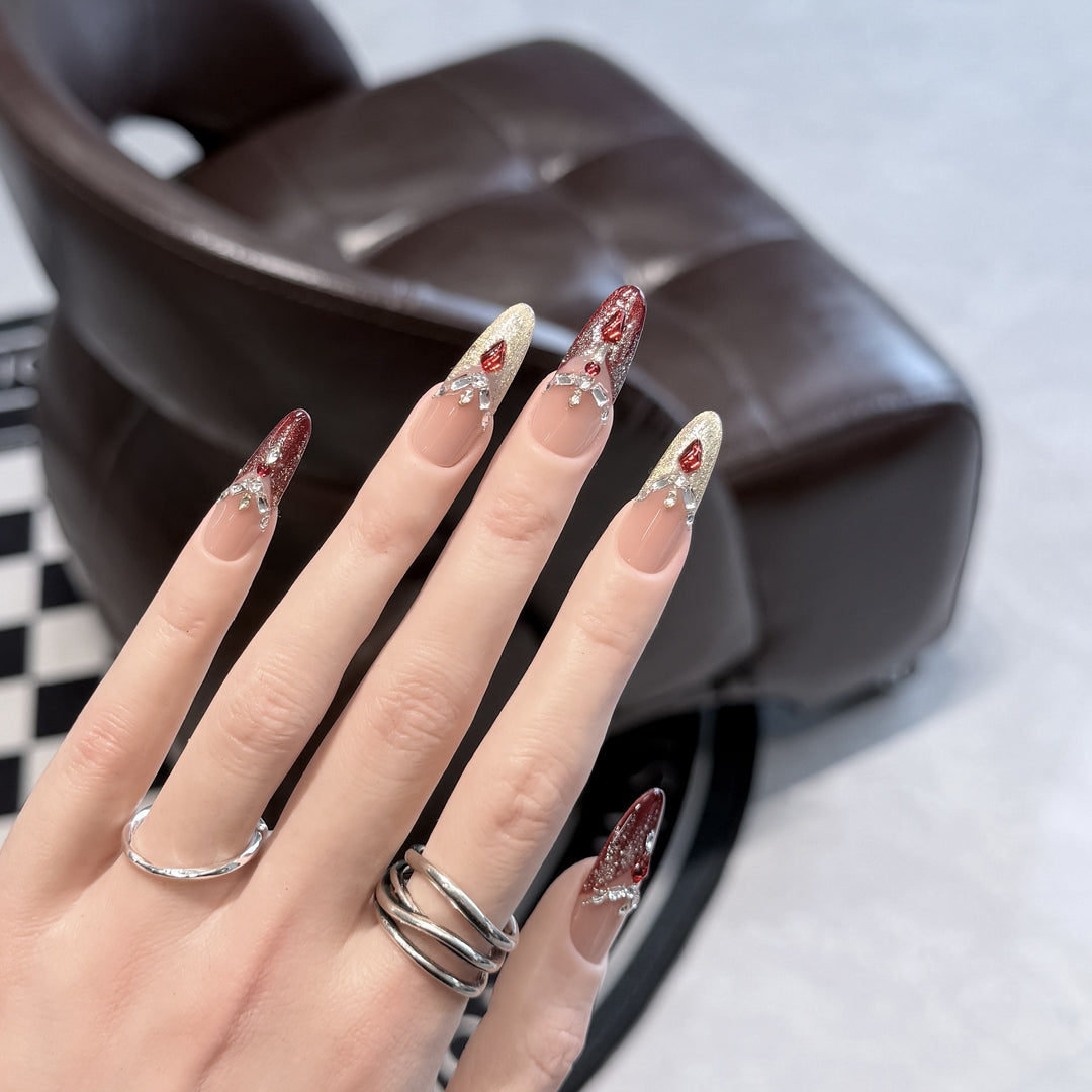 Decorative Stiletto Press-On Nail Set with Gemstone Accents Bowlift