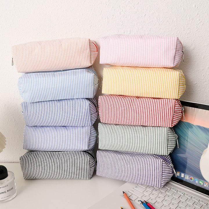 Striped Canvas Pencil Case and Stationery Organizer with Top Zipper Bowlift