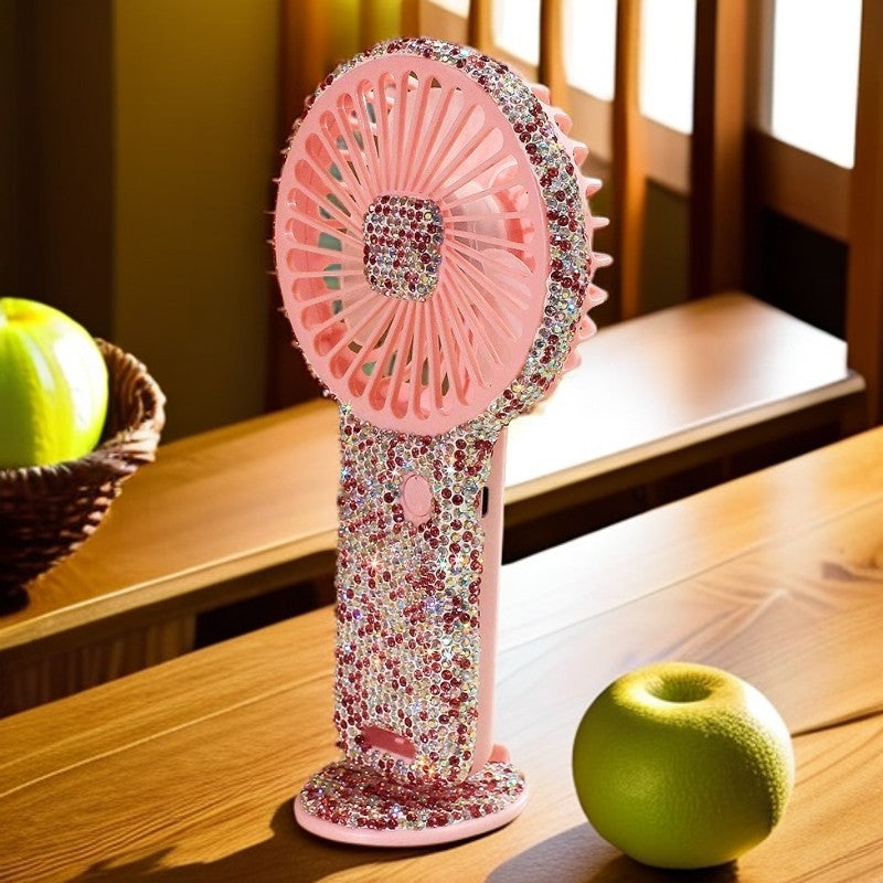 Women's portable hand fan rechargeable with rhinestone accents and cat emblem Bowlift