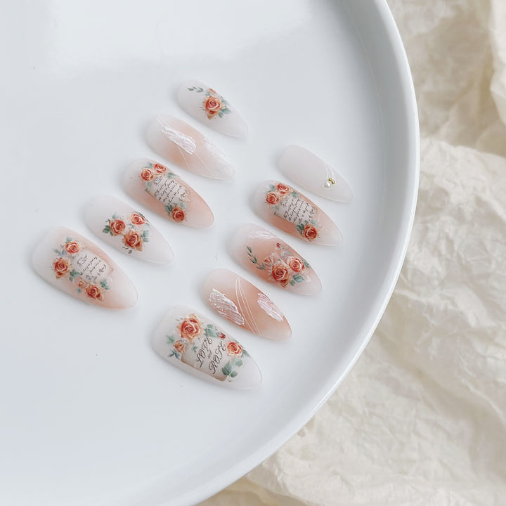 Artistic Press-On Nail Set with Floral and Text Design