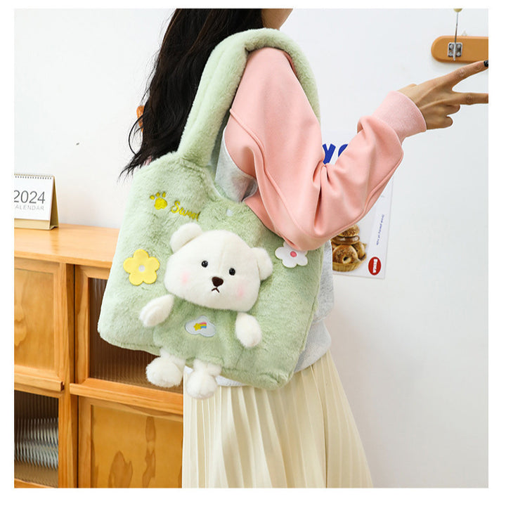 Plush Shoulder Bag with Cute Bear Design Bowlift