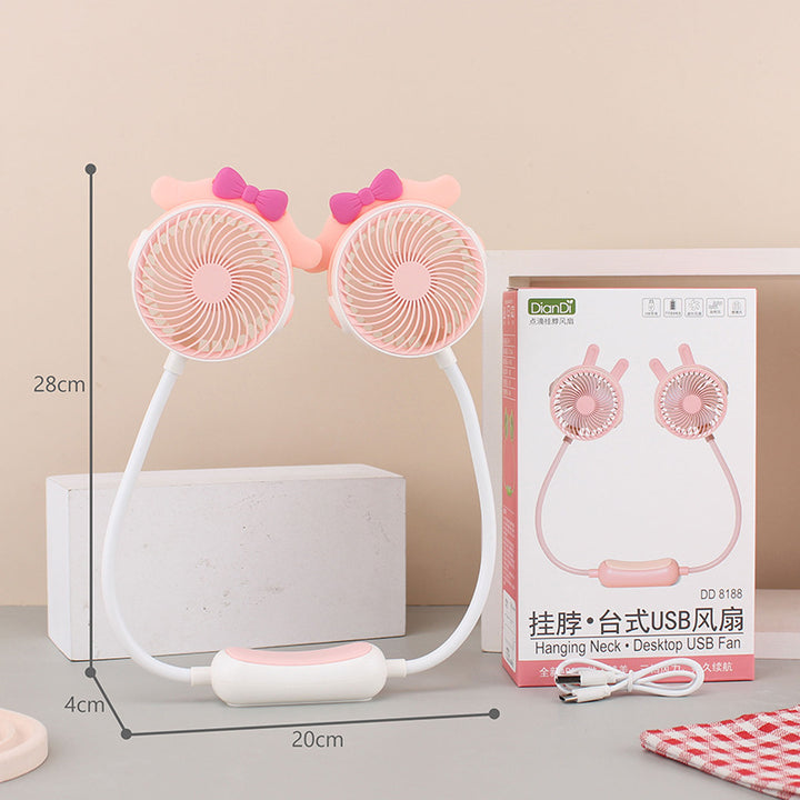 Unisex portable double-neck fan with flexible gooseneck, rechargeable battery and quiet motor Bowlift