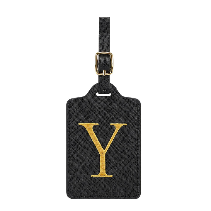 embroidered initial monogram leather luggage tag with adjustable buckle strap Bowlift