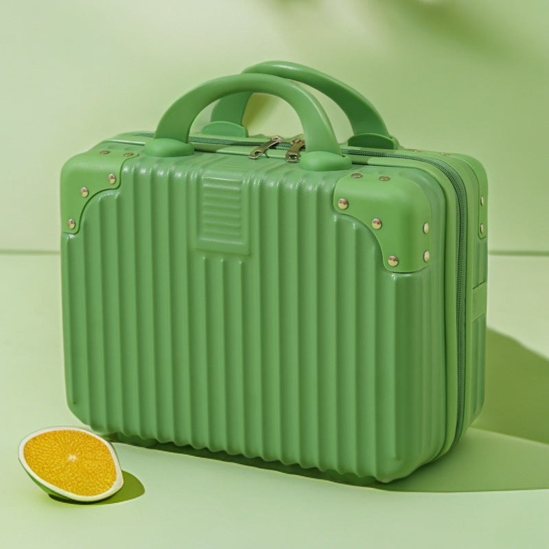 structured hard-shell vanity travel case with faux-leather corner reinforcements and dual top handles Bowlift
