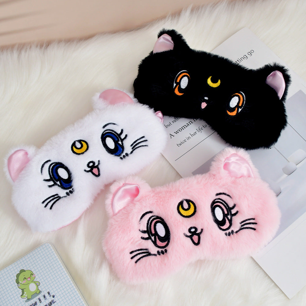 Women's fluffy sleep mask with embroidered cat design and soft comfort ears Bowlift