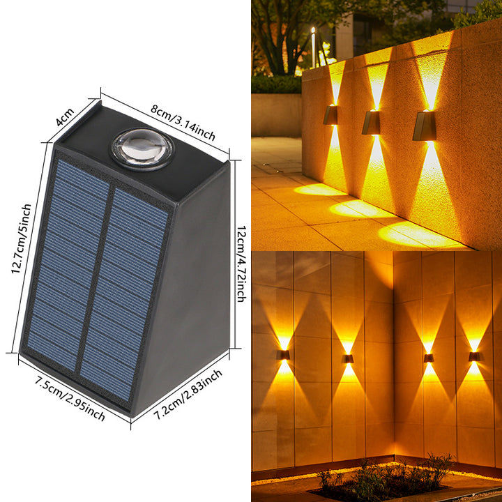 Angled Bi-Directional Solar LED Wall Uplight-Downlight With Integrated Photovoltaic Panel And Prism Lens Bowlift