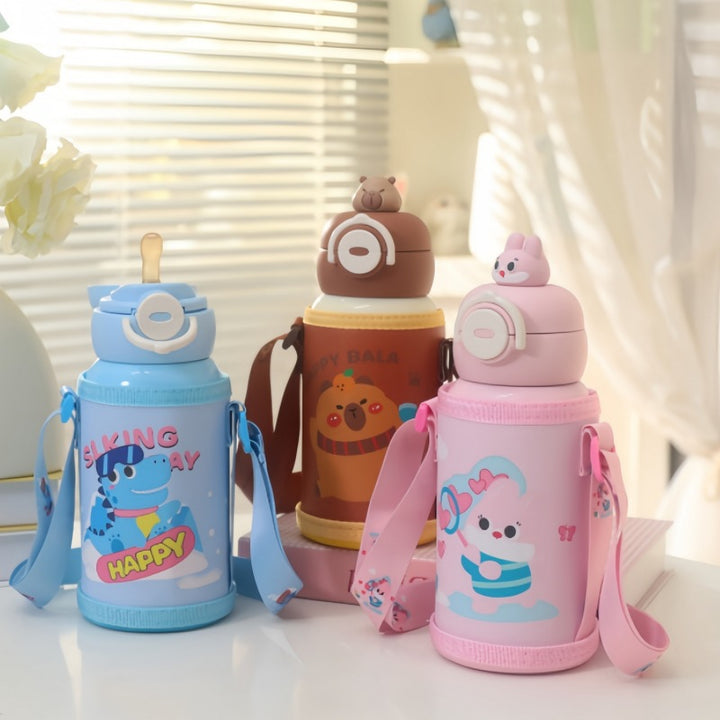 Insulated water bottle with integrated carrying strap and cute cat design Bowlift