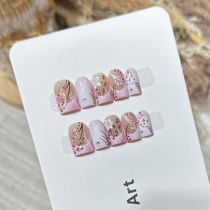 Artistic Press-On Nail Set with Floral and Leopard Designs