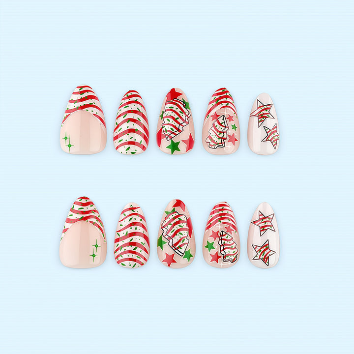 Artificial nails in festive Christmas design with colorful accents Bowlift