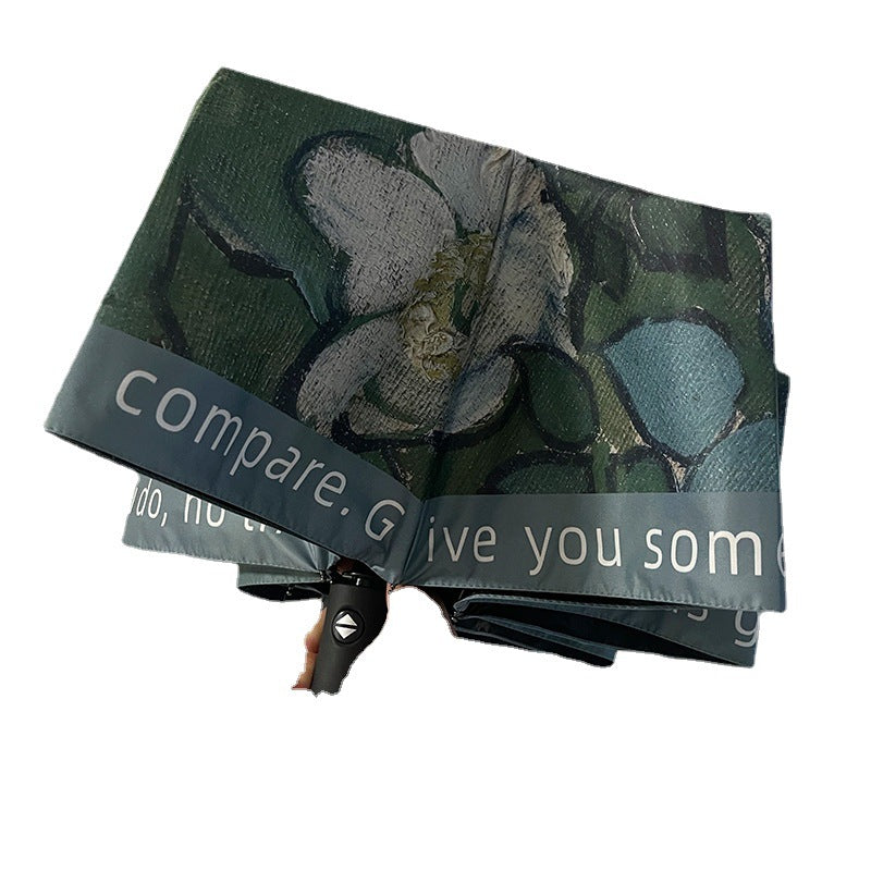 Women's Folding Umbrella with Botanical Design and Stable Handling Bowlift