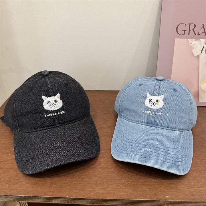 Women's Casual Cotton Baseball Cap with Cat Embroidery Bowlift