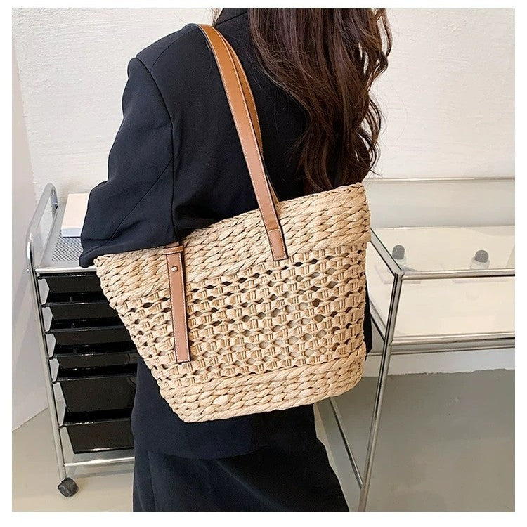 Braided raffia shoulder bag with leather handles Bowlift