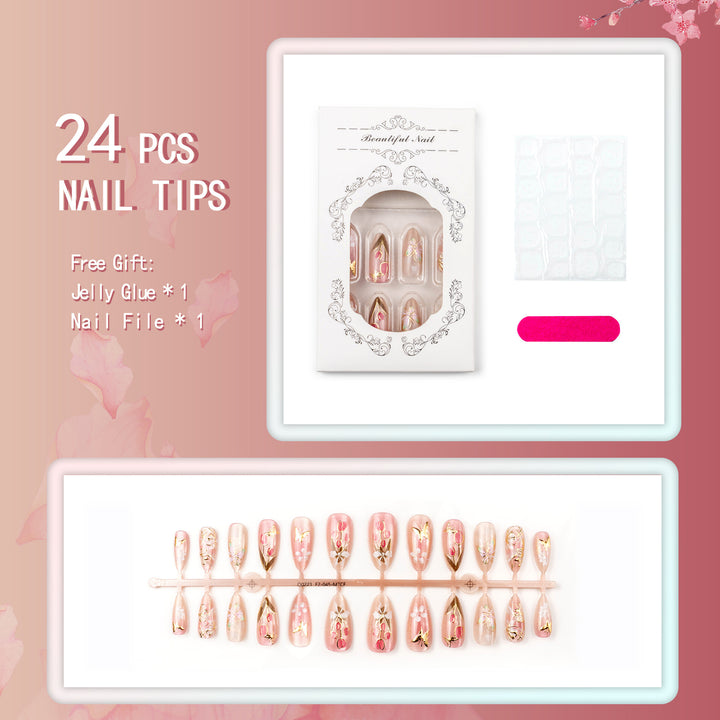 Artificail nail set with floral and golden accent Bowlift