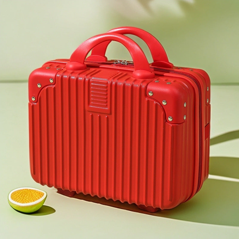 structured hard-shell vanity travel case with faux-leather corner reinforcements and dual top handles Bowlift