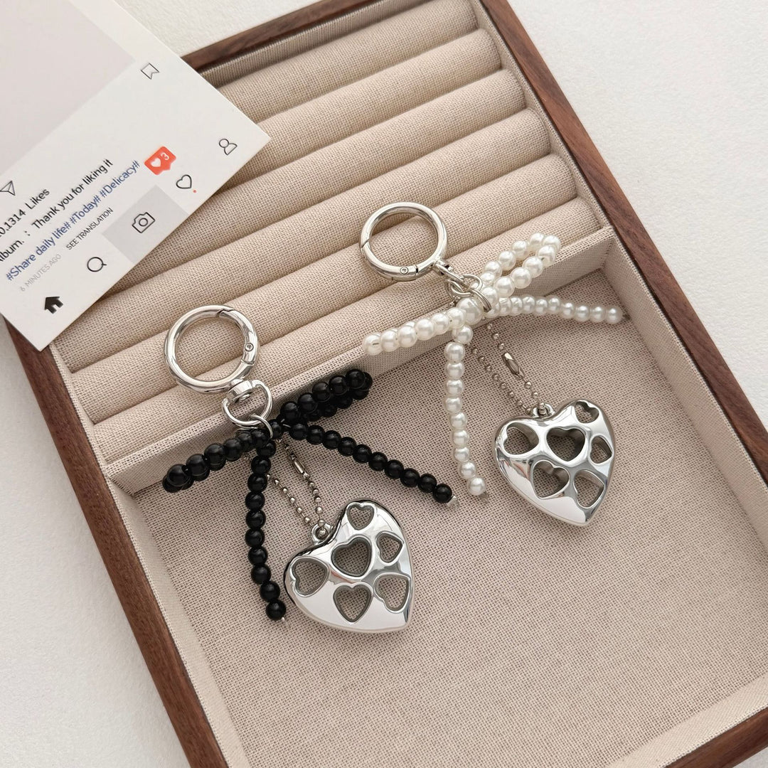 Heart-Shaped Charm Keychain with Beaded Bow Bowlift