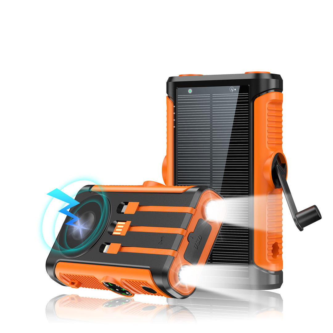 Portable solar battery with integrated hand crank charger Bowlift