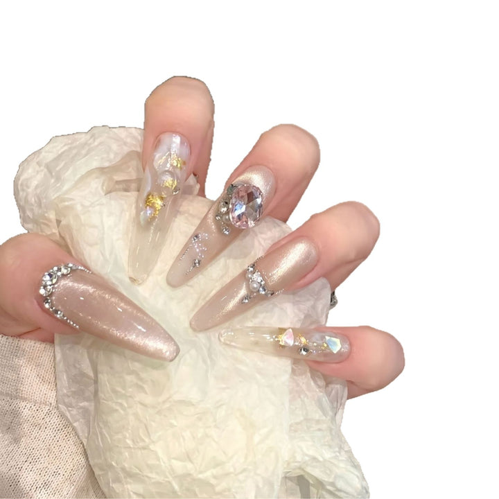 Decorative Stiletto Press-On Nail Art Set with Gemstone Accents Bowlift