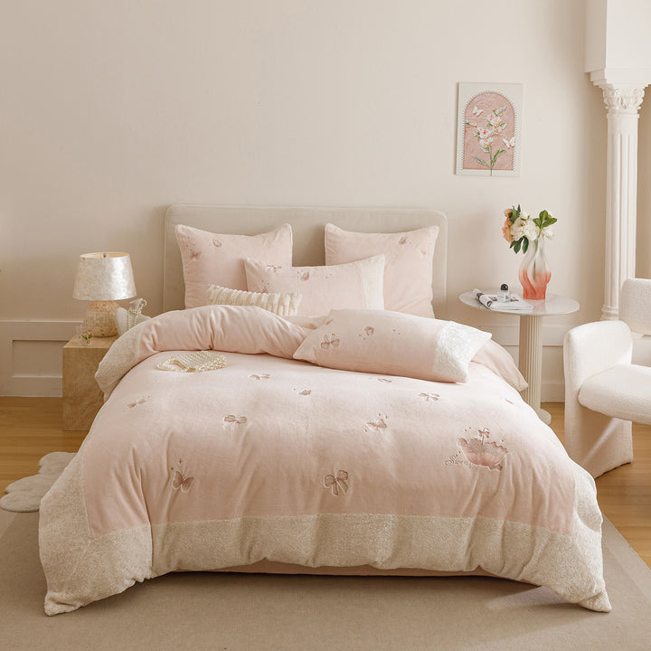 Cozy bedding set with embroidered butterflies and teddy fleece trim Bowlift