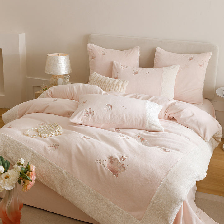 Cozy bedding set with embroidered butterflies and teddy fleece trim Bowlift