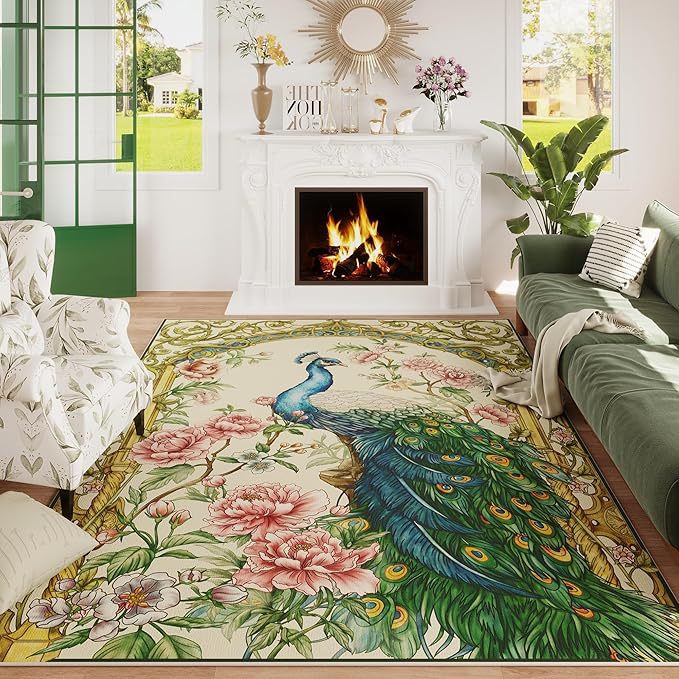 Ornamental Peacock Design Area Rug Bowlift